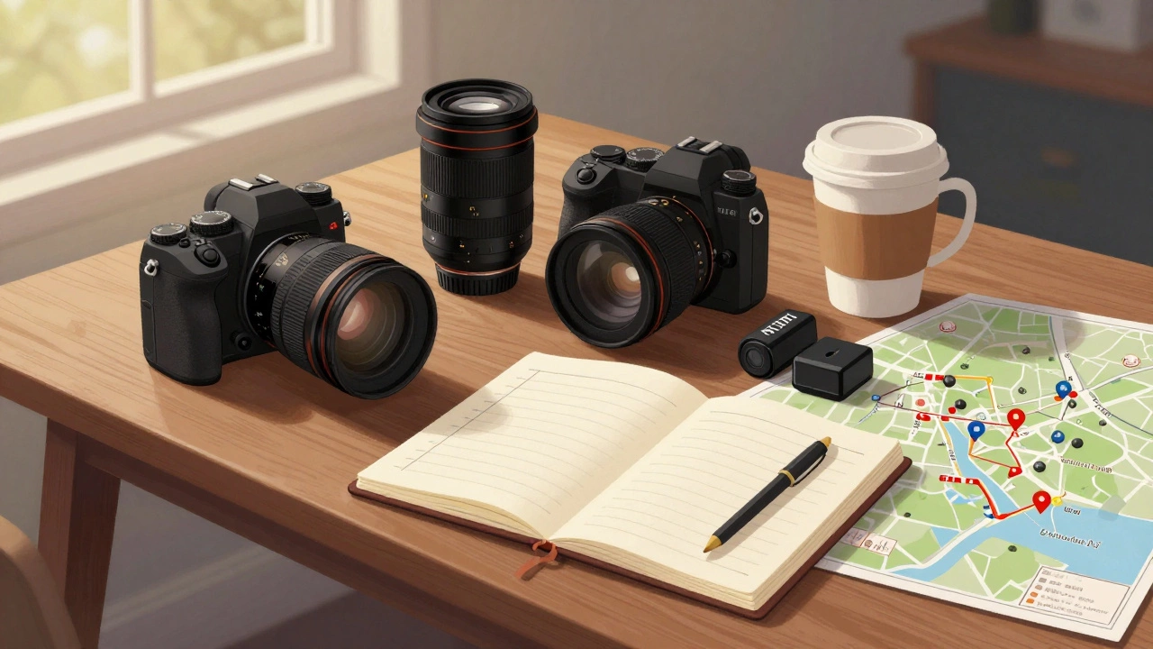 Wedding photographer's equipment arranged on a wooden table at dawn, including cameras, lenses, and handwritten notes.