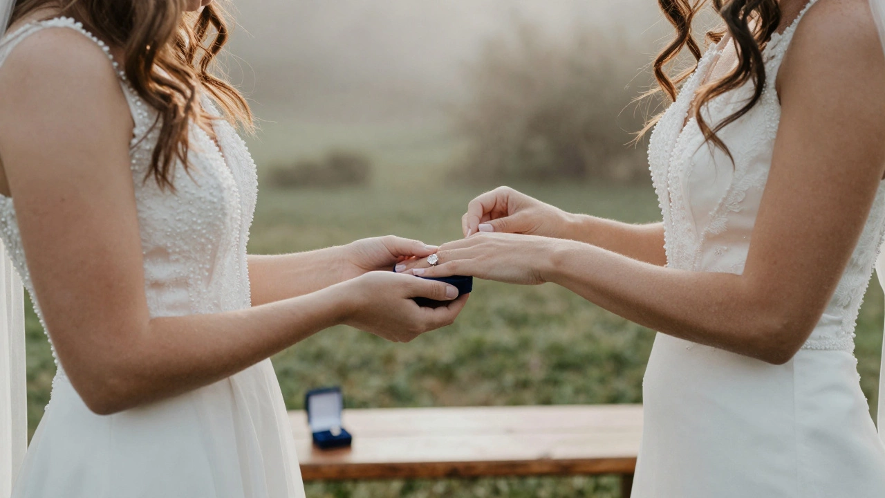 A bride placing her engagement ring on her right hand while a bridesmaid holds it safely.