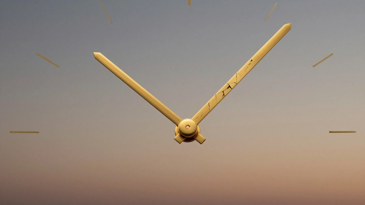 A clock face with gold band hands, one intact over time, the other worn and damaged, representing longevity.