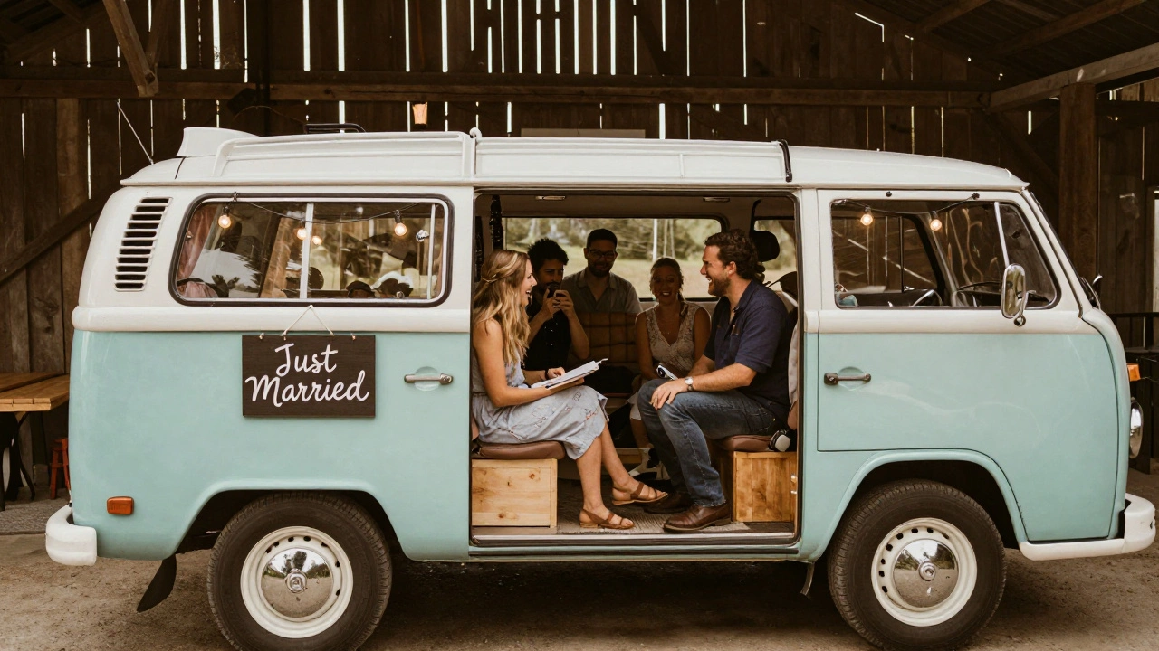 A colorful VW bus turned photo booth at a rustic barn wedding, guests taking pictures inside.