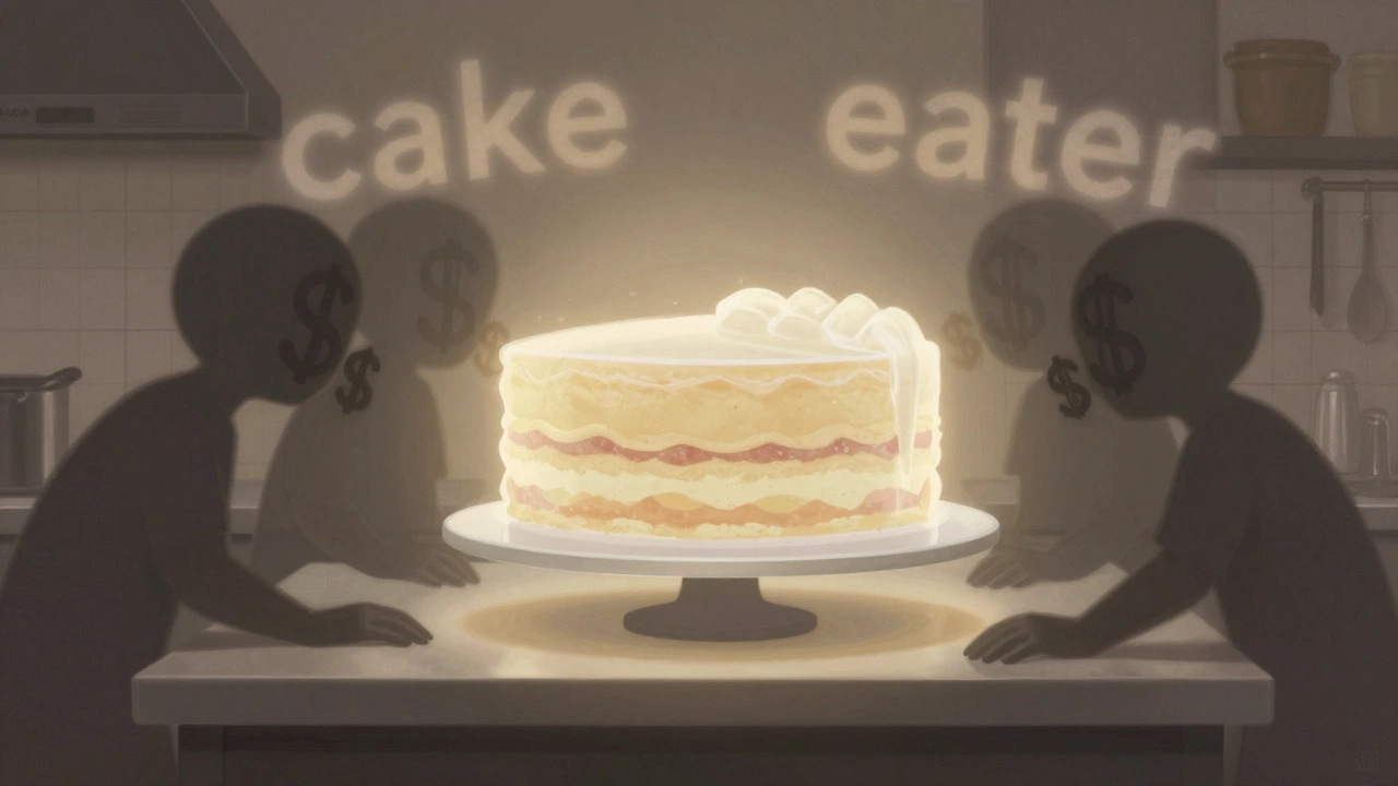 A glowing wedding cake floating above a counter, with shadowy figures whispering 'cake eater' around it, symbolizing unseen labor and emotional value.