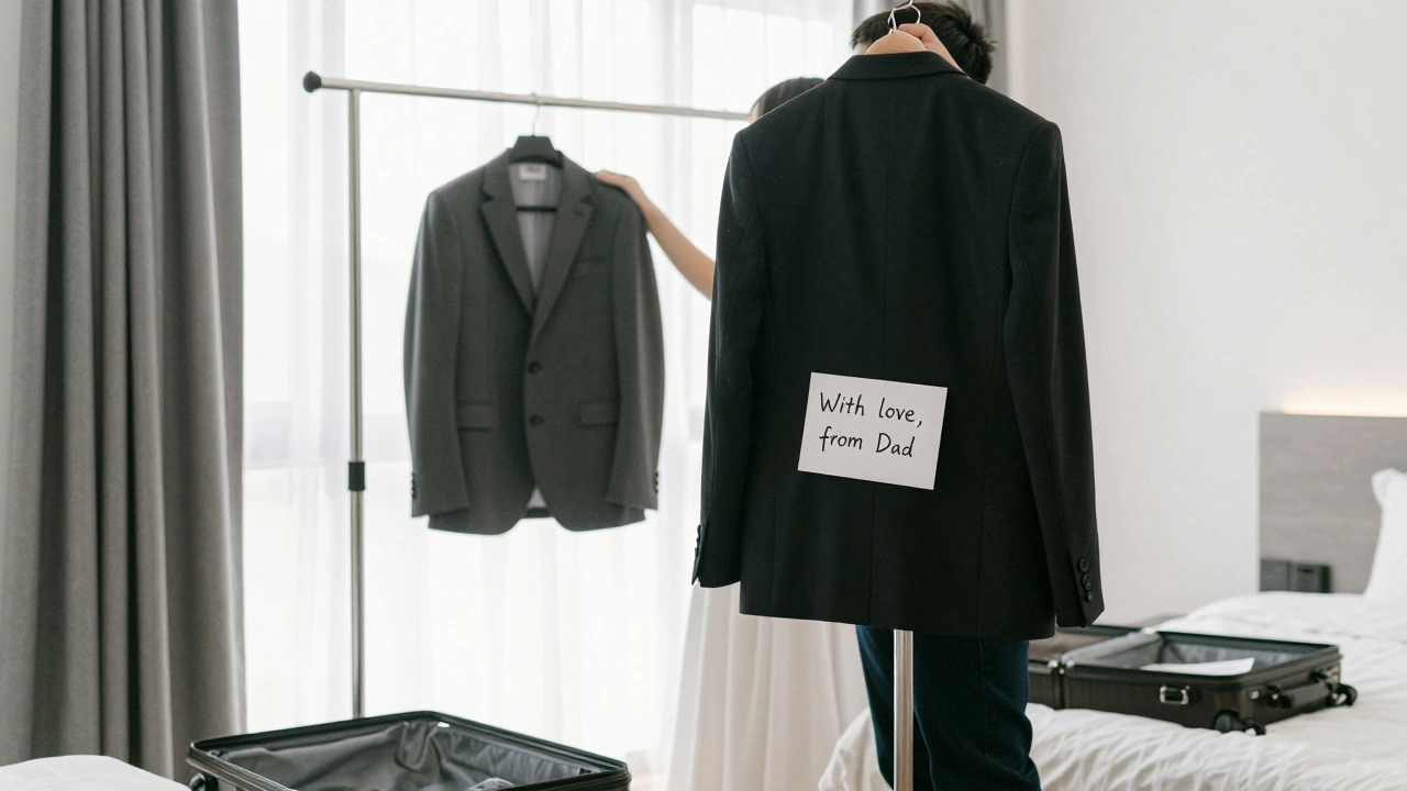 A groom's suit with a heartfelt note from his parent, ready for the wedding day.