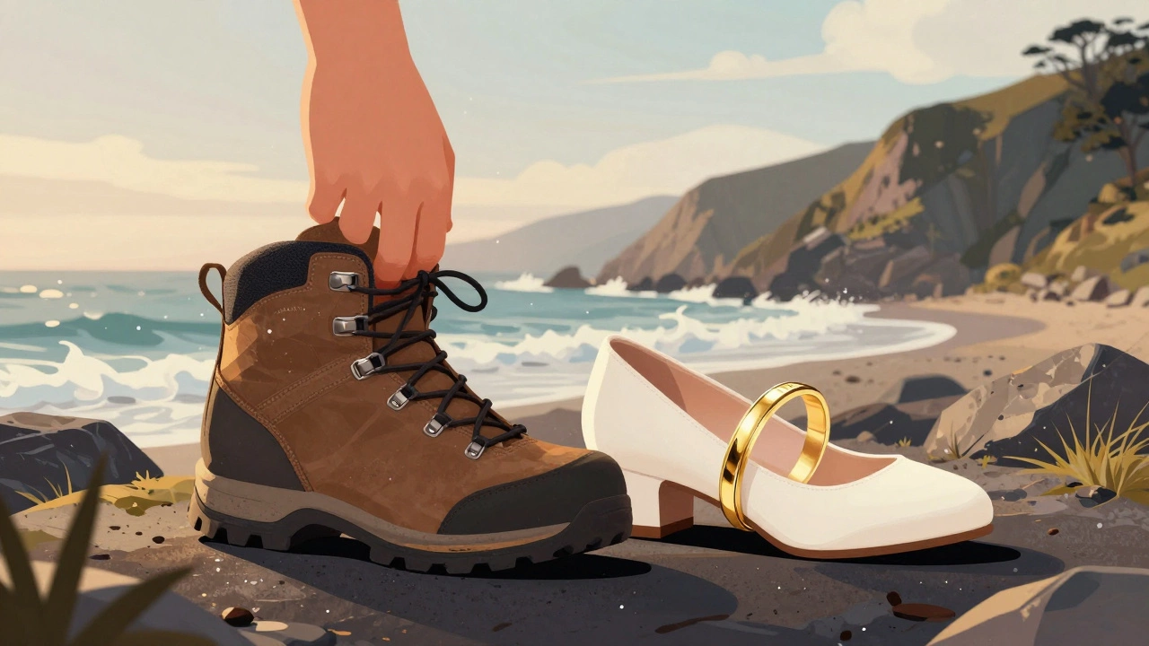 A hand holding a hiking boot beside a dress shoe, symbolizing durable versus delicate gold rings against a coastal landscape.