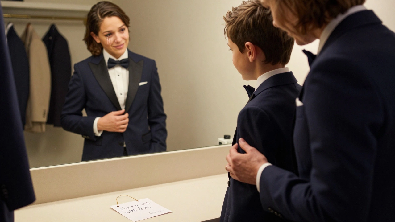A mother gently adjusts her son’s tailored suit in a dressing room, tears in her eyes as he smiles at their reflection.