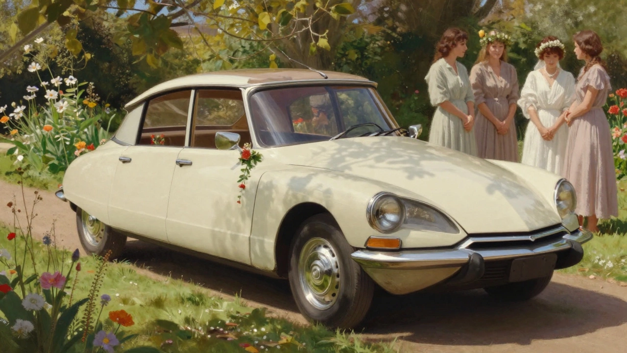 A vintage Citroën DS decorated with flowers parked on a garden path beside a wedding party.