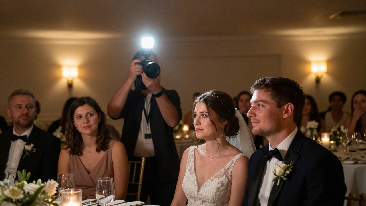 A wedding photographer using bounced flash to create soft, natural lighting for a couple, avoiding red-eye effect.