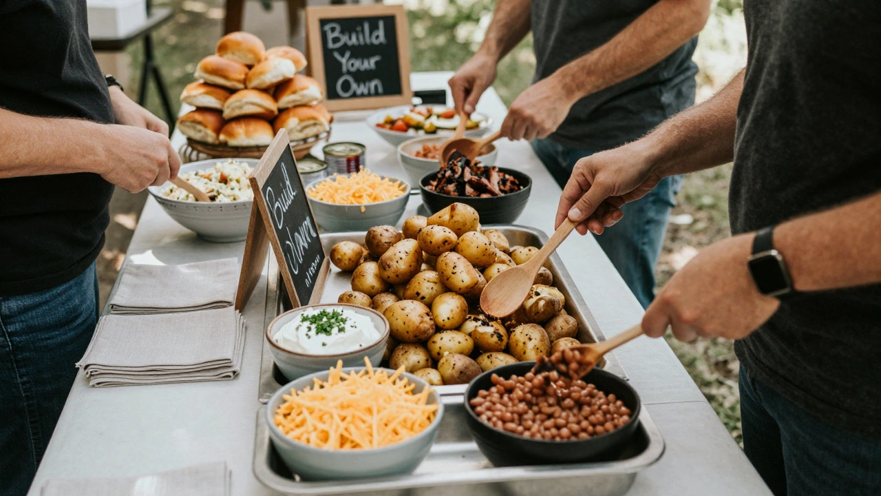 DIY loaded baked potato bar with cheese, sour cream, beans, and pulled pork, guests serving themselves at a wedding food station.