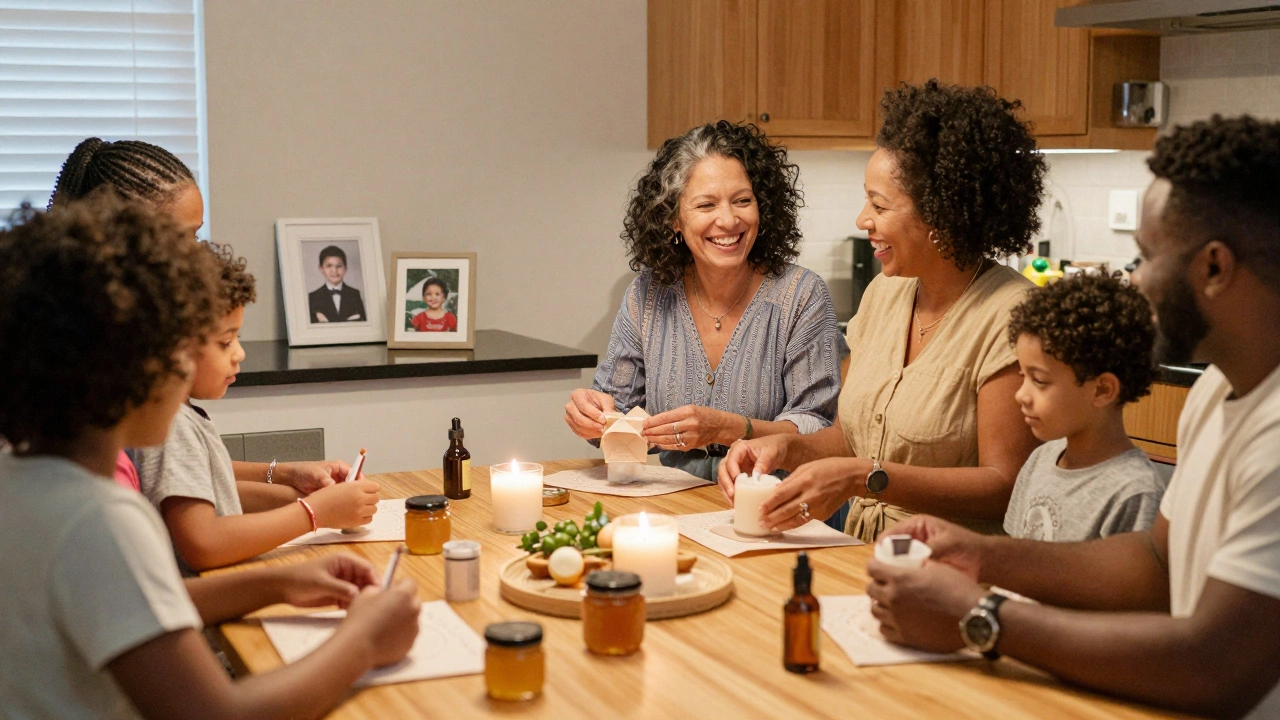 Family members making wedding favors together in a home kitchen, with a childhood photo on display.