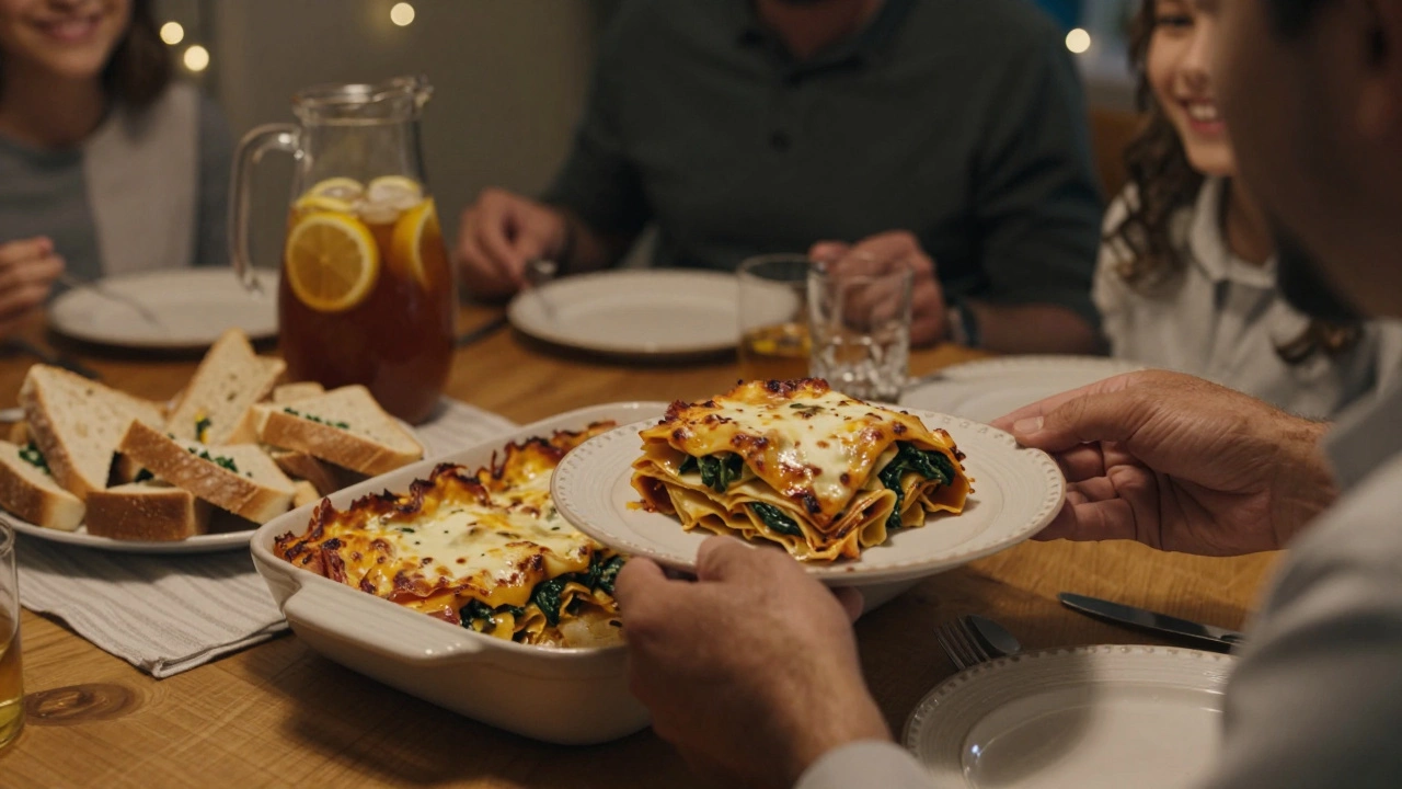 Family-style lasagna and sandwiches on wooden table with iced tea, hands passing a plate to a smiling guest at a budget wedding.