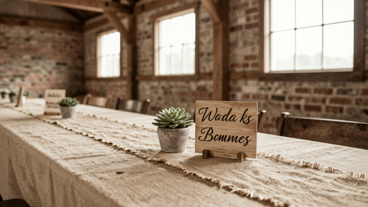 Rustic barn with burlap runners and wooden signage under natural light