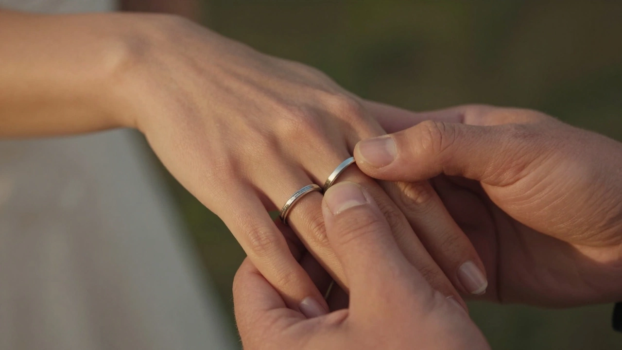 Two wedding rings stacked together on a finger during a ceremony, one over the other.