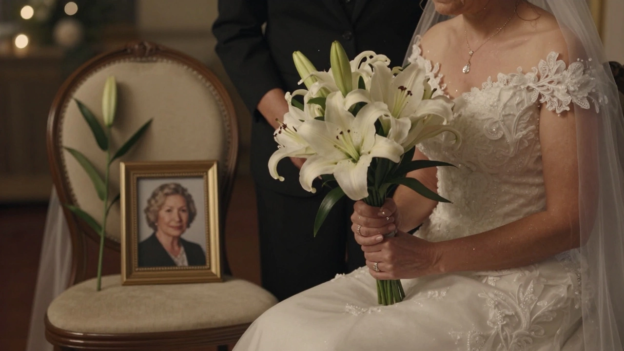A bride holding a bouquet of lilies while her mother touches the stems, with a photo of a grandmother on an empty chair nearby.
