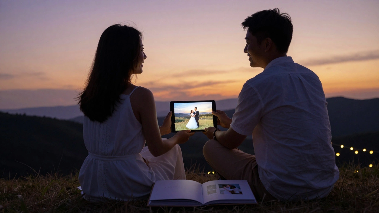 A couple enjoying their wedding photos on a tablet at sunset, with a simple album beside them.