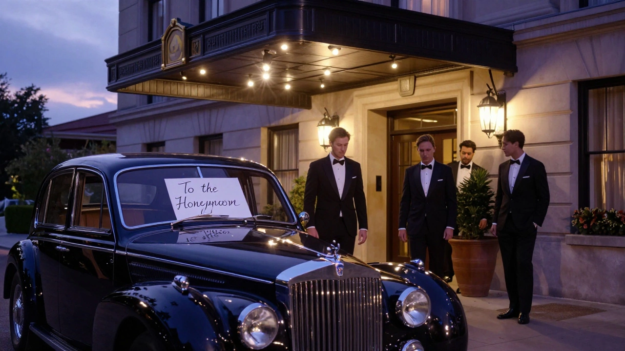A groom and his party exiting a vintage car outside a hotel at twilight, formal attire glowing in soft light.