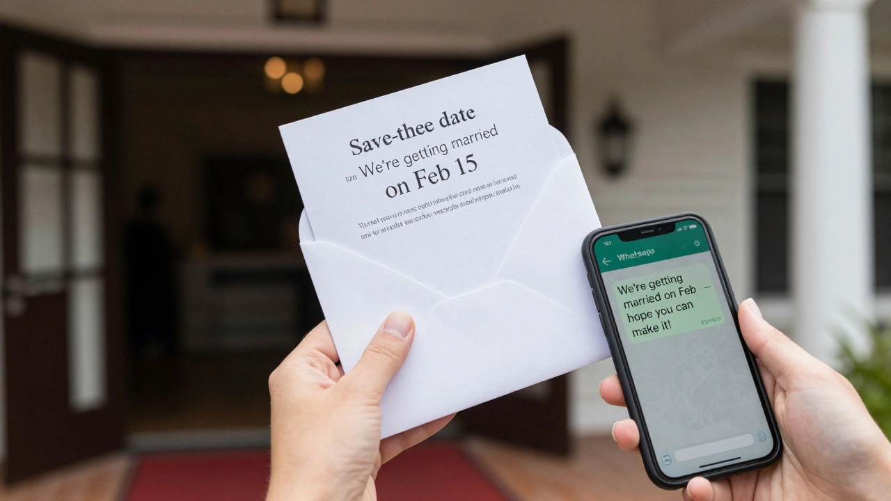 A hand mailing a save-the-date card while a phone displays a personal message to a guest about an upcoming wedding.