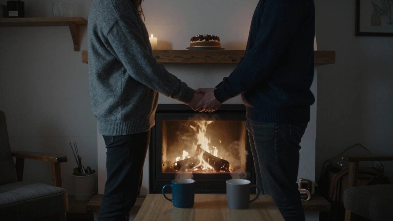 A quiet December ceremony by a fireplace, two people holding hands with no guests, just a simple cake and warm candlelight.