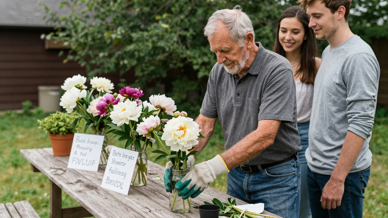 A retired man arranging home-grown peonies in mason jars at a backyard wedding, with the couple smiling in the background.