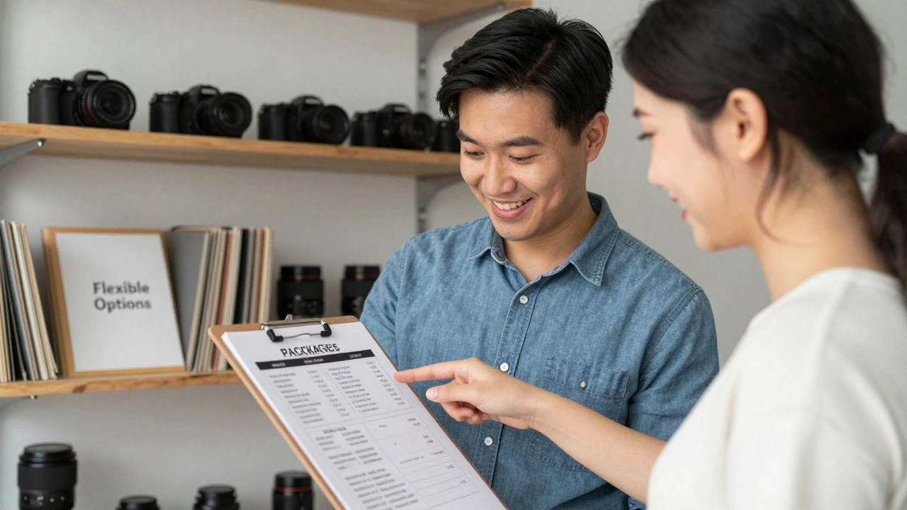 A wedding photographer showing a customizable package to a couple in a studio, both smiling and engaged.