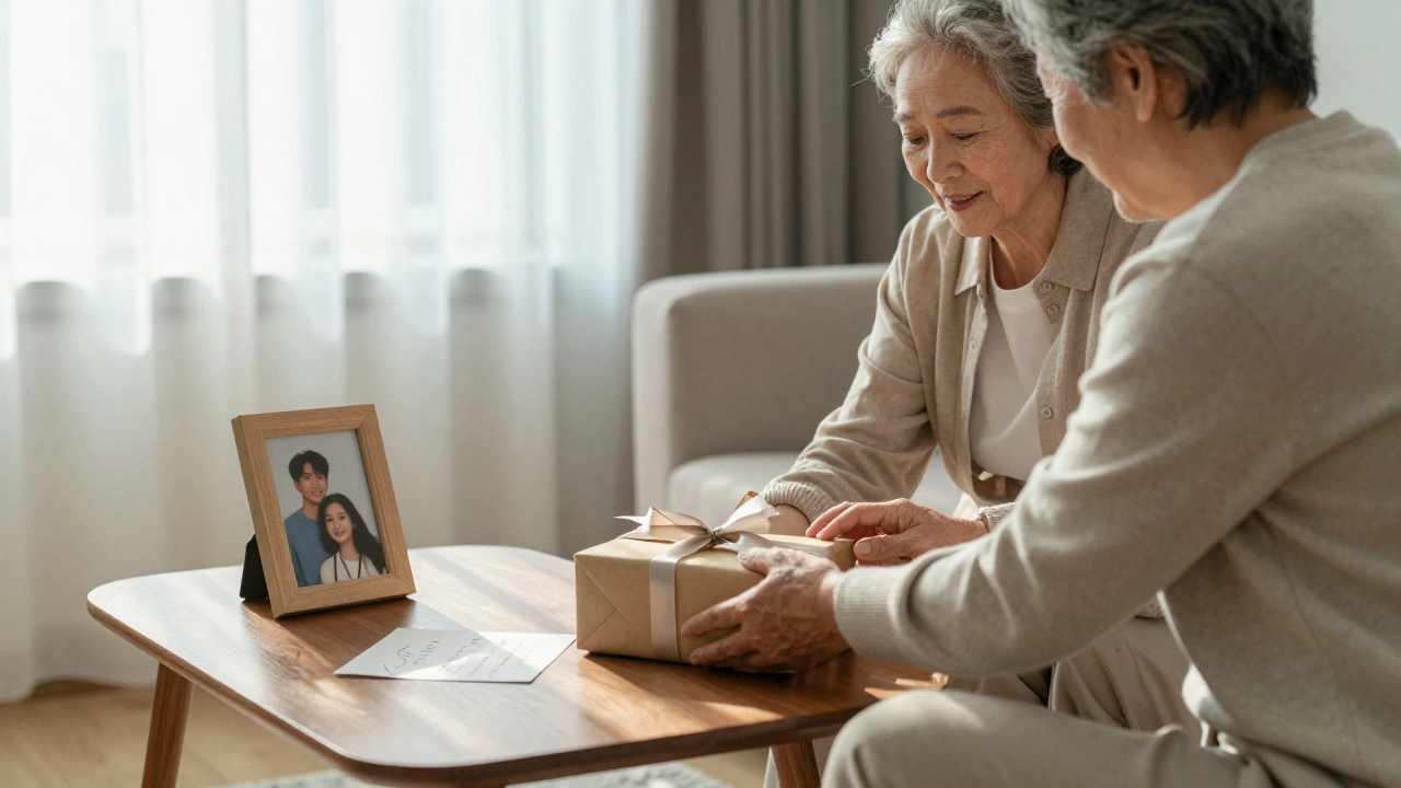 An elderly couple placing a wrapped gift on a table beside a photo of their son and his partner.