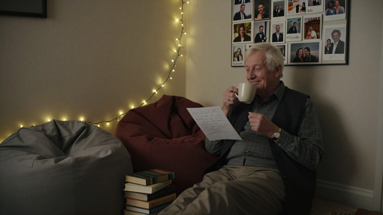 An elderly guest relaxing in a cozy wedding corner with hot cocoa, reading a heartfelt note on a memory wall.