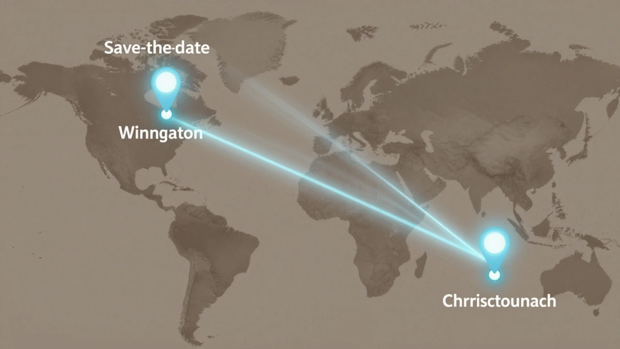 An international map with flight paths and digital notifications highlighting wedding locations in Wellington and Christchurch.