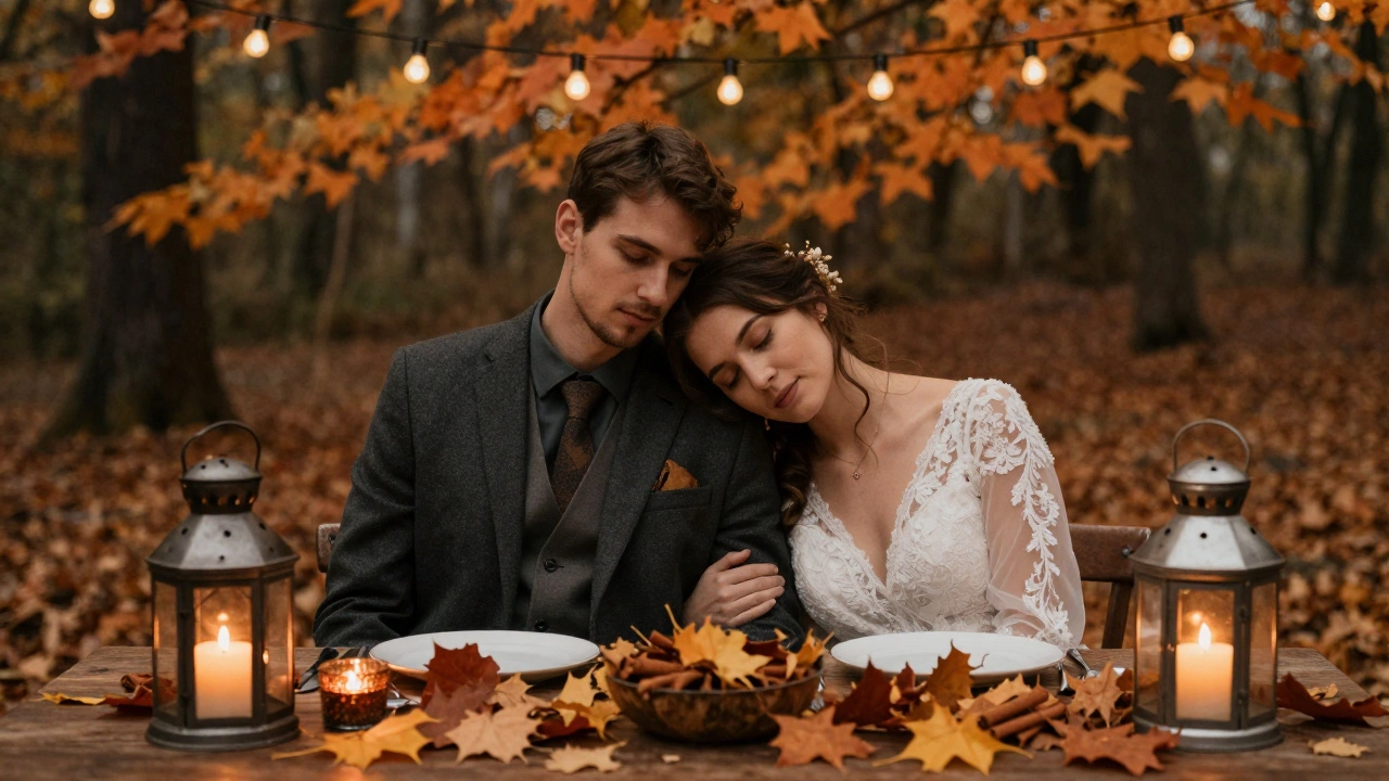 An October wedding with autumn decor — lanterns, fallen leaves, and warm candles — as a bride rests her head on her partner's shoulder.