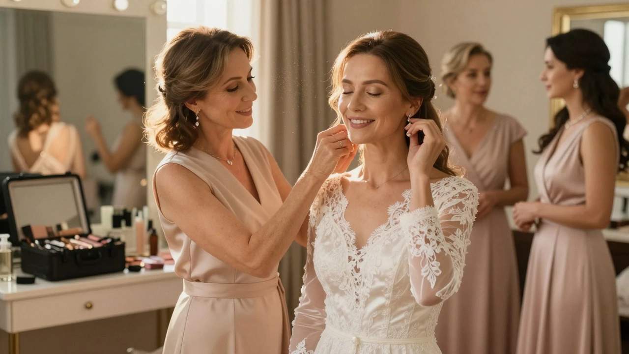 Bride assisting mother with hair styling in a warm intimate bridal suite setting.