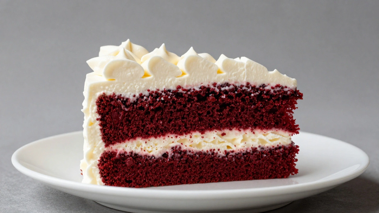 Close up of red velvet cake slice on plate