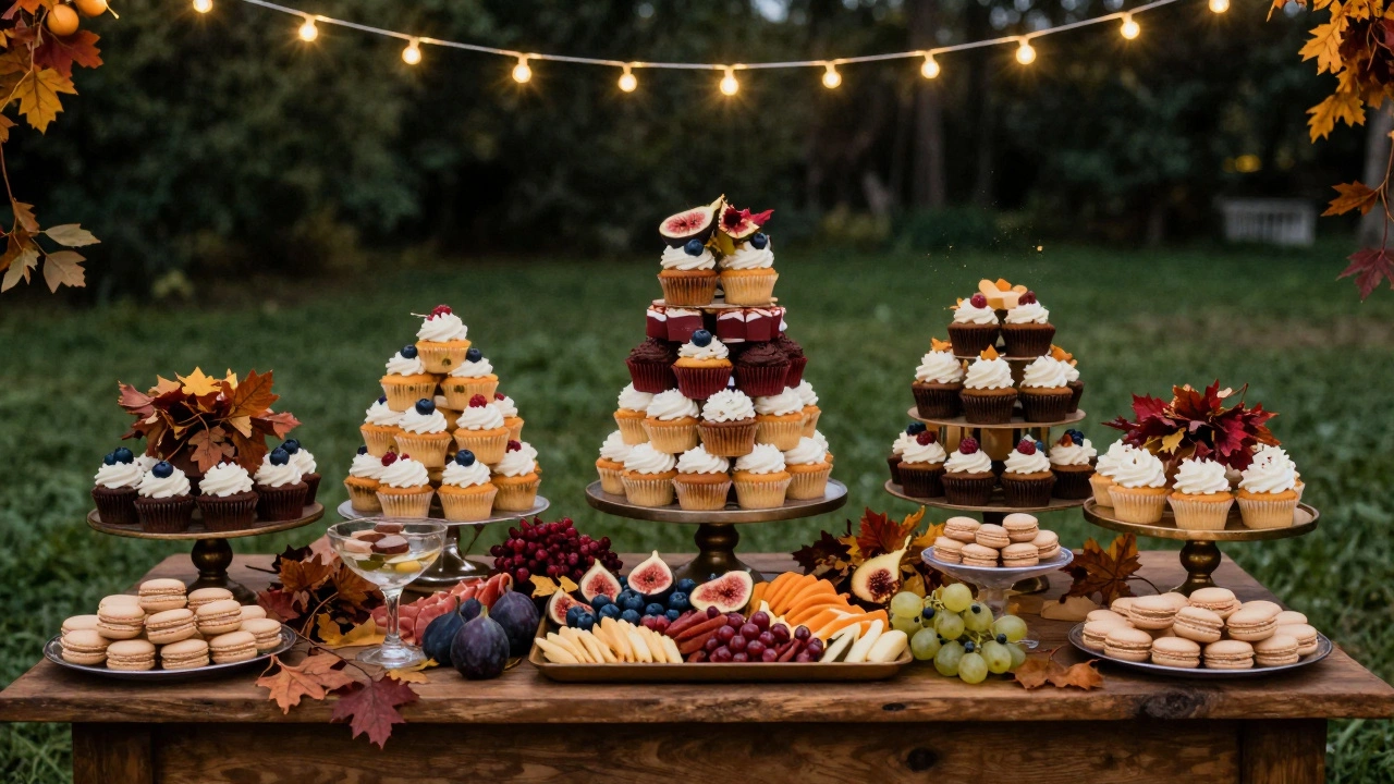 Dessert table with cupcakes and fruits lit by fairy lights
