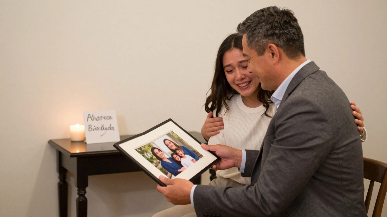 Father giving his daughter a framed family photo album at a simple wedding reception, emotional embrace, no luxury decor.