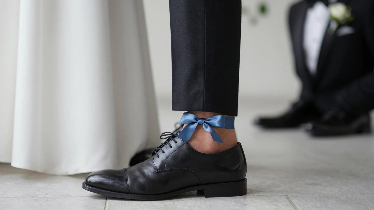 Groom's tailored trousers with a thin silk ribbon tied below the cuff, matching bride's garter.