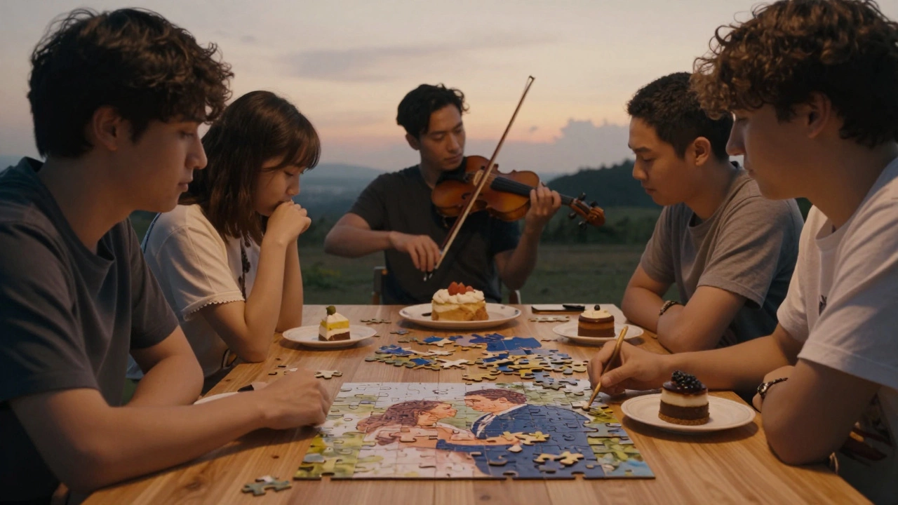 Guests collaboratively working on a puzzle of the couple's engagement photo during dessert.