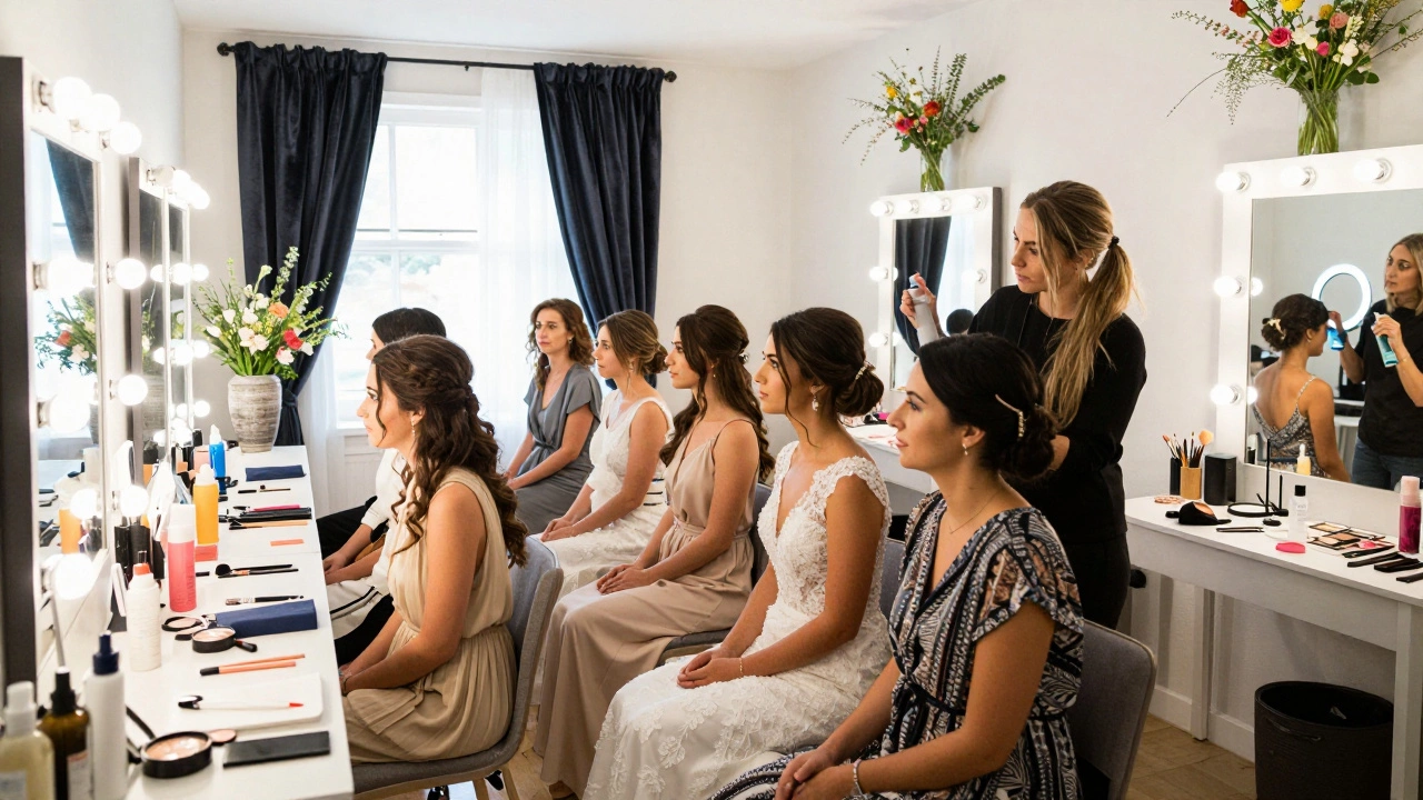 Professional makeup artist styling multiple guests in a bright decorated hotel room.