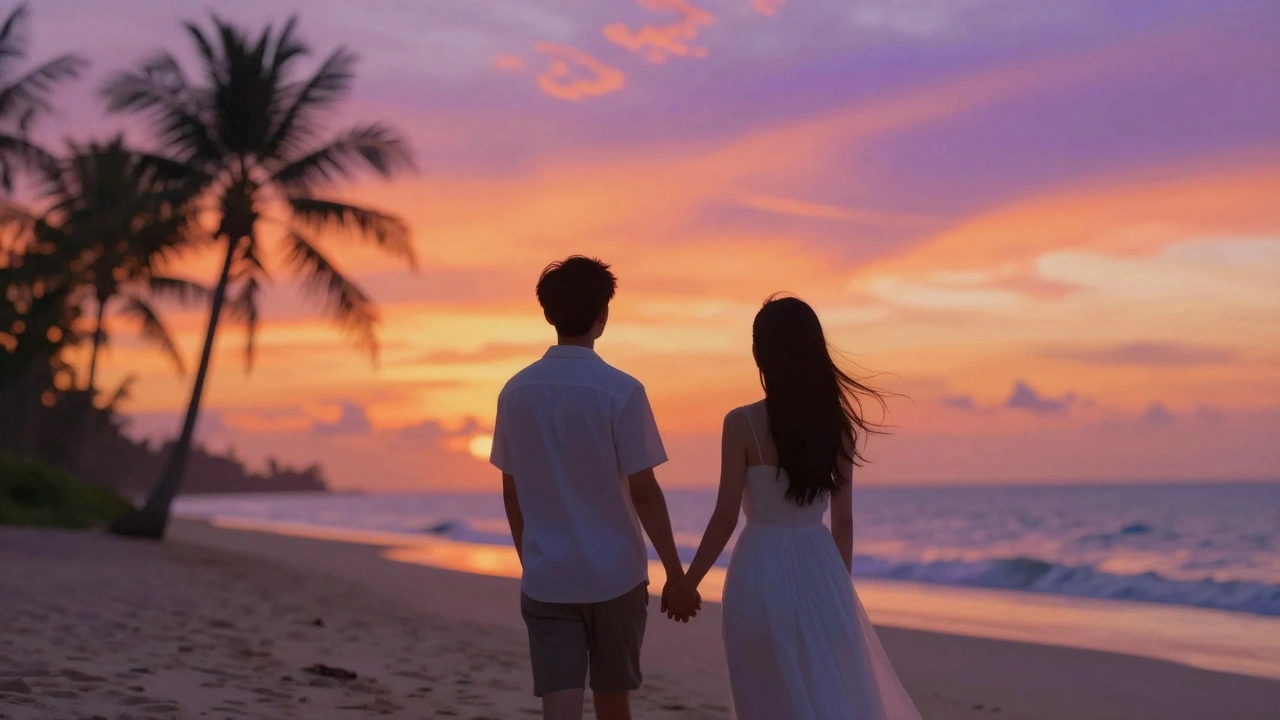 Silhouette of a couple holding hands on a beach watching a sunset.
