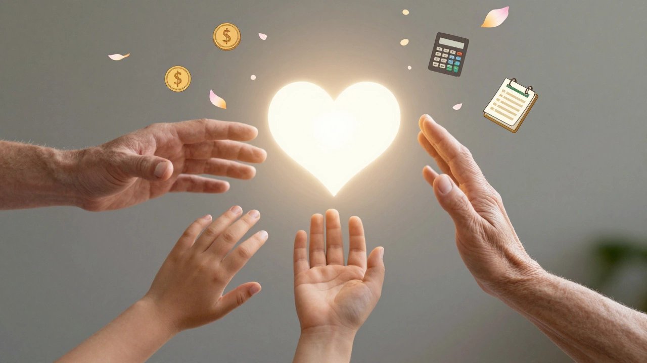 Three hands reaching toward a glowing heart as money transforms into petals, symbolizing love over financial obligation.