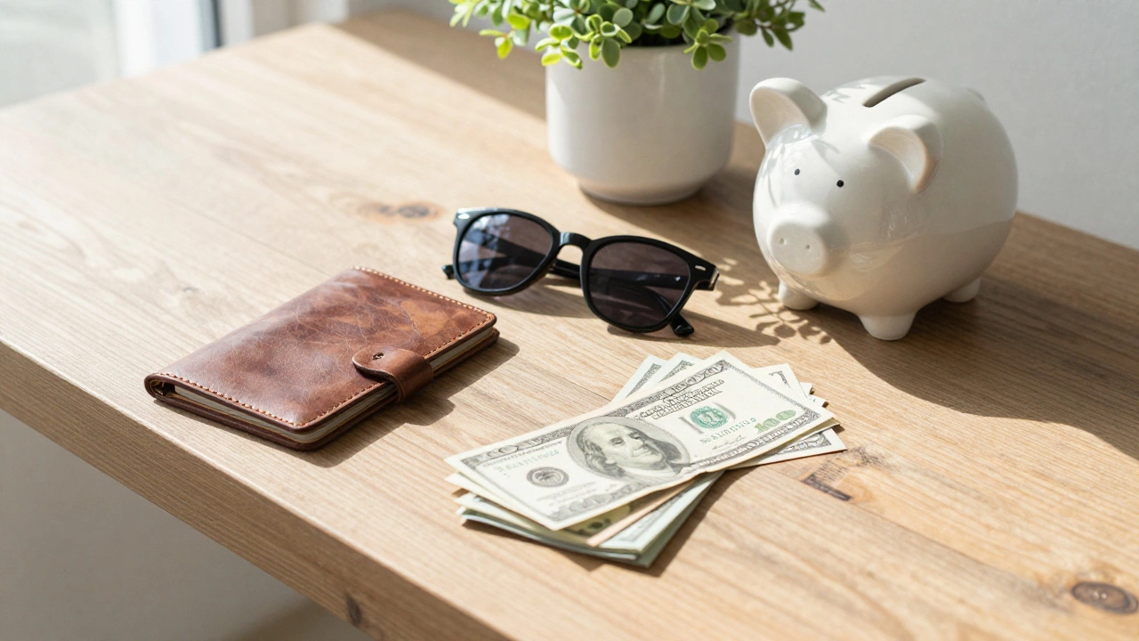 Travel planning items and cash displayed neatly on a sunlit wooden table.