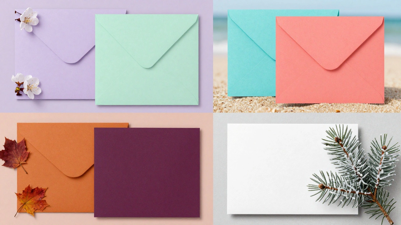 A collage of wedding invitations in colors representing spring, summer, autumn, and winter.