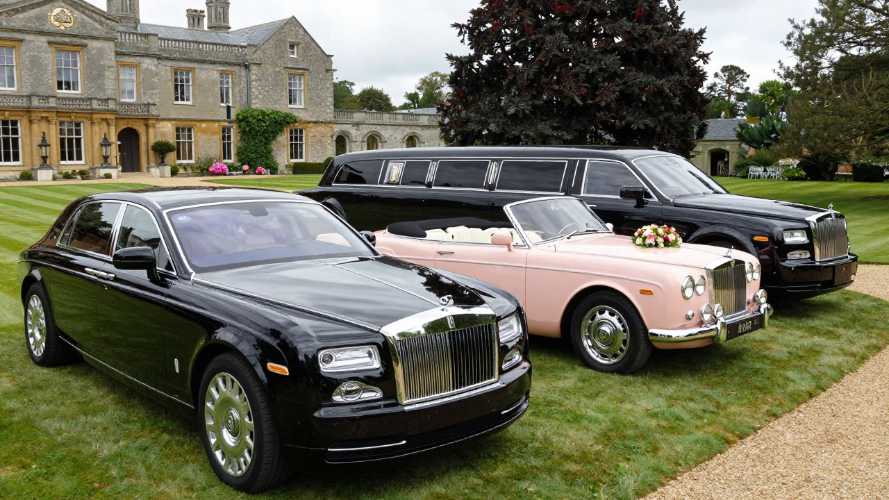 A collection of luxury wedding cars including a sedan, convertible, and limousine