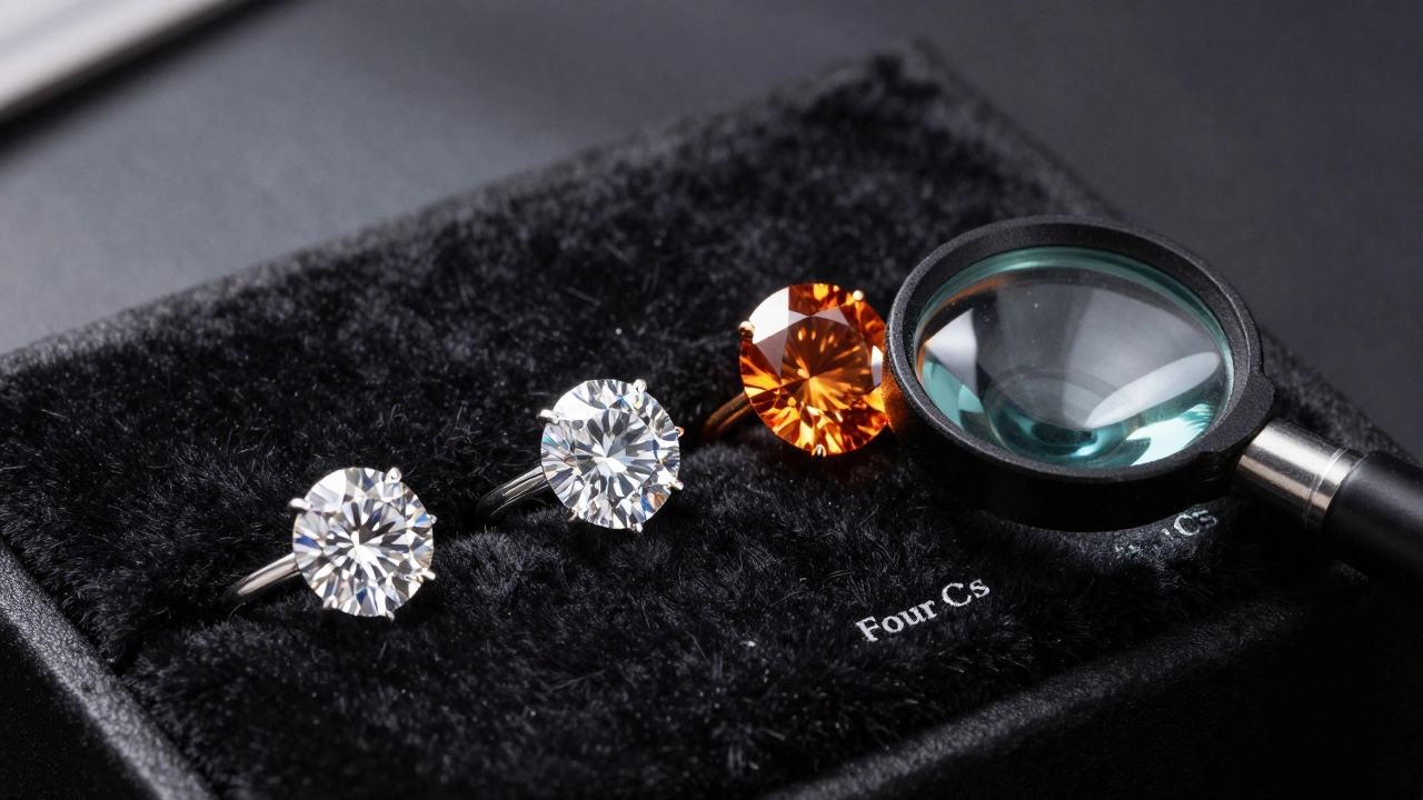 A comparison of mined, lab-grown, and moissanite rings on a jeweler's display