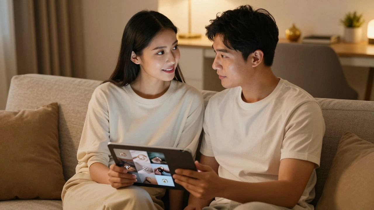 A couple discussing ring styles and budget while looking at a mood board on a tablet