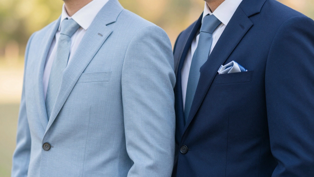 A groom in light blue and his father in navy blue suits standing side by side.