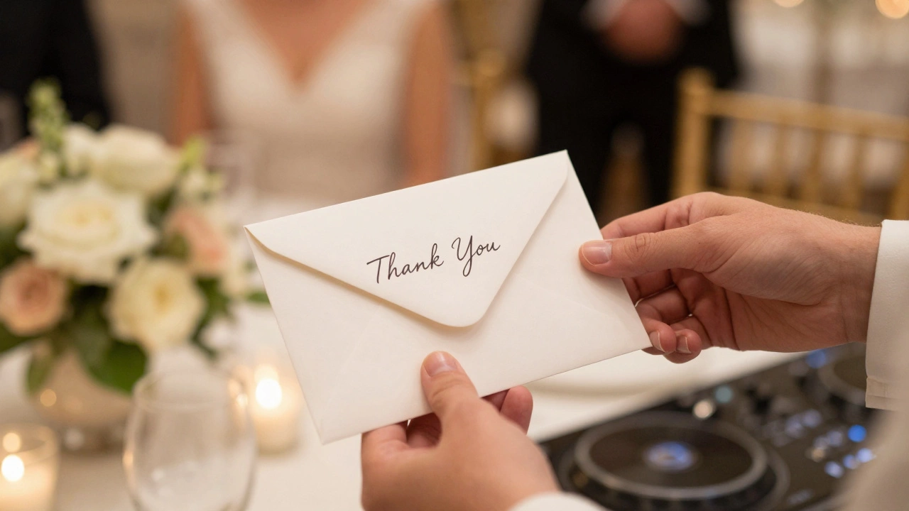 A hand handing a thank-you envelope to a wedding DJ at a reception.