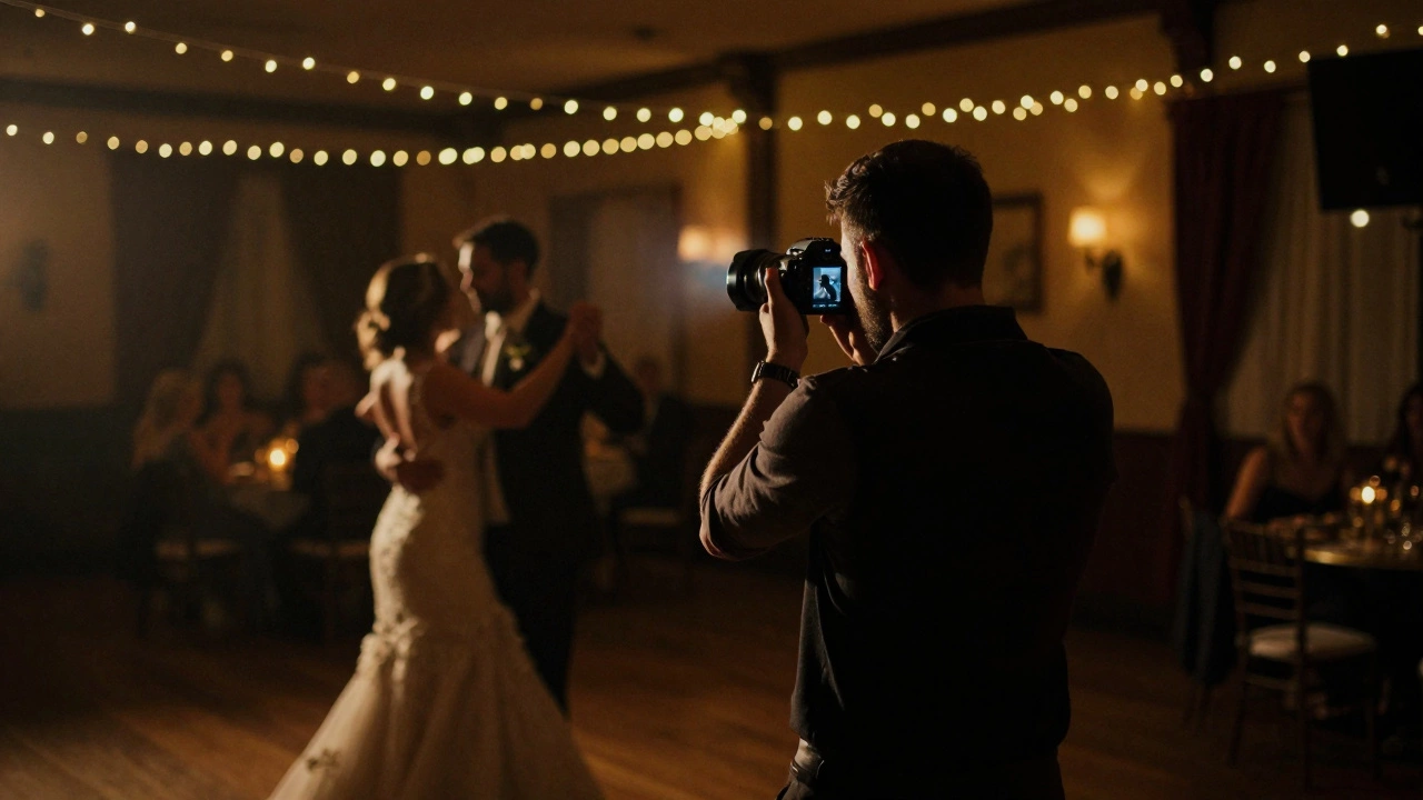 A professional photographer capturing a candid, romantic moment at a low-light wedding reception.