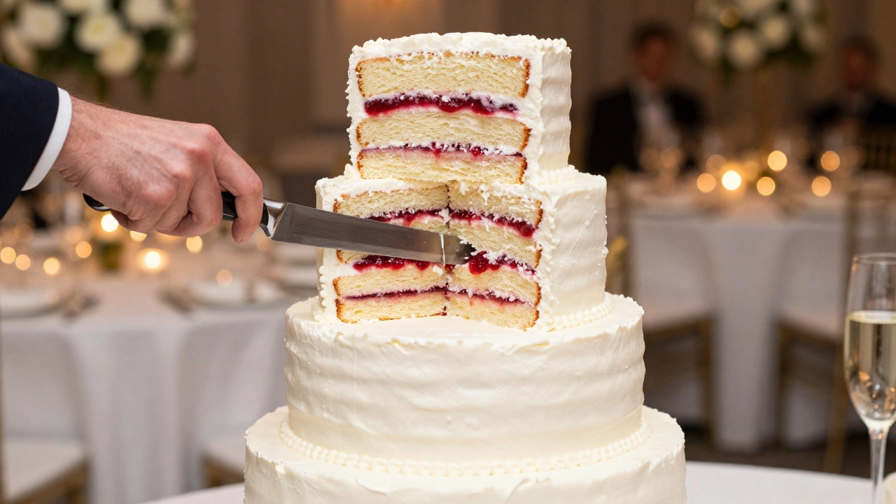 A rectangular slice being cut from a tall wedding cake showcasing multiple internal layers