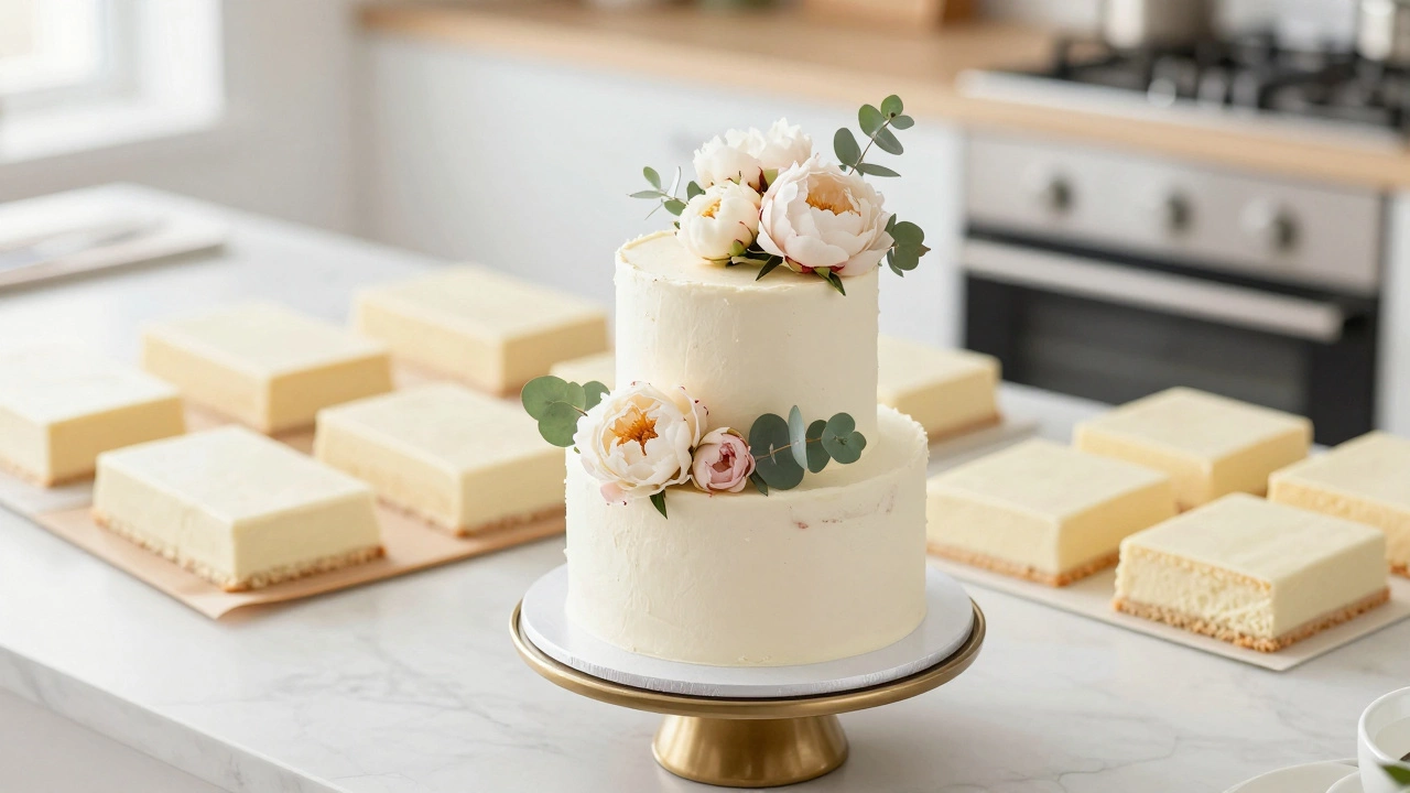 A small professional display cake and homemade sheet cakes on a table