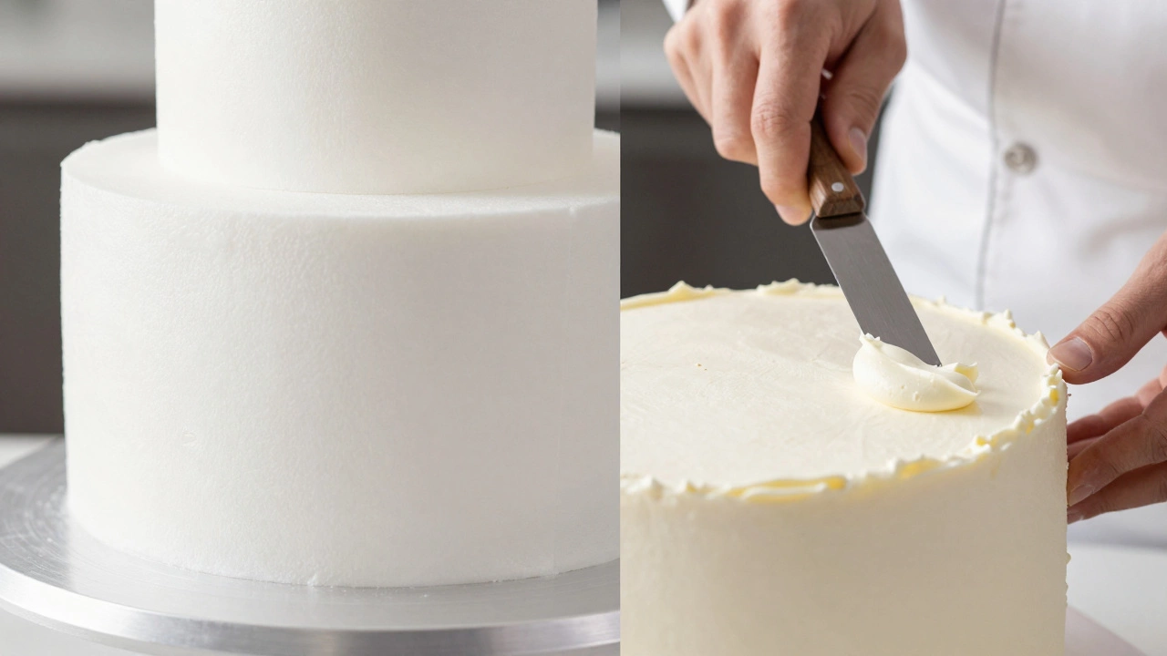 A split view showing a foam cake dummy being covered in real buttercream icing