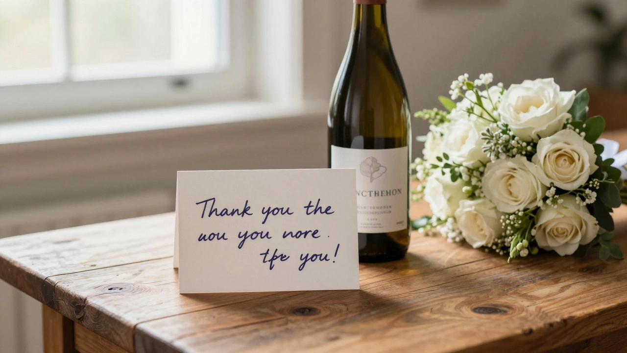 A thank-you card and a bottle of wine on a table as a wedding gift.