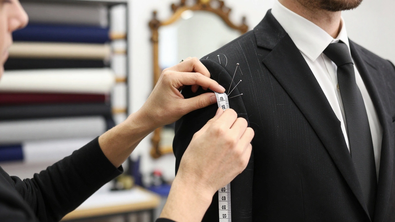 Close-up of a tailor measuring a man's black suit for a perfect fit.