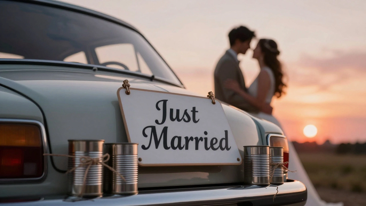 Close-up of a wedding car bumper with Just Married signs and tin cans