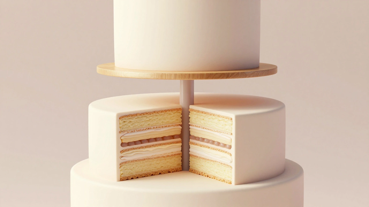 Cross-section diagram of a tall cake tier showing internal dowels and a support board